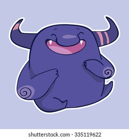 Vector emotion sticker with laughing cute monster on purple background. Laughing out of a laud guy.