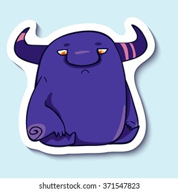 Vector emotion sticker with melancholy cute monster on blue background. Melancholic creature with purple skin.