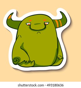Vector emotion sticker with melancholy cute monster on yellow background. Melancholic creature with purple skin.