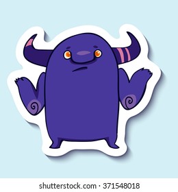 Vector emotion sticker with monster who doesn't know on blue background. Unknown information emotion. Don't know.