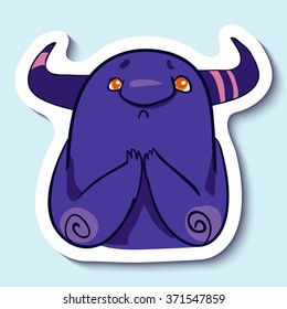 Vector emotion sticker with praying cute monster on blue background. Sad praying monster. Pray.