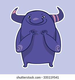 Vector emotion sticker with spiteful monster on purple background. Creepy spiteful purple monster.