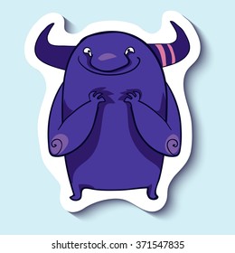Vector emotion sticker with spiteful monster on blue background. Creepy spiteful purple monster. Evil monster. Evil emotion. Hating.