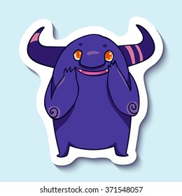 Vector emotion sticker with very happy monster on blue background. The happiest creature in the world. Cute emotion.