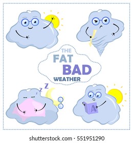 Vector emotion stickers with cloud character. Cute cloud hand-drawn illustration with emotions: good mood, angry, sleepy, surprised. Bad weather character for weather forecast, nursery art, banners