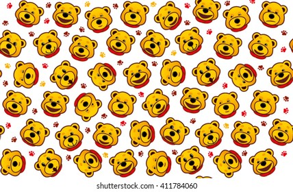 Vector emotional faces teddy bears seamless pattern. Happy, funny, smile, sadness, satisfaction