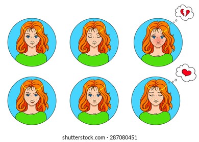 vector emotions set of 6 girls avatar. illustration in cartoon style.