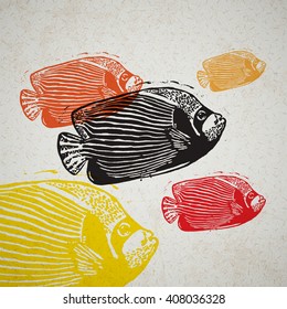 Vector Emperor angelfish in abstract composition. Linocut fishes in different colors on the old paper