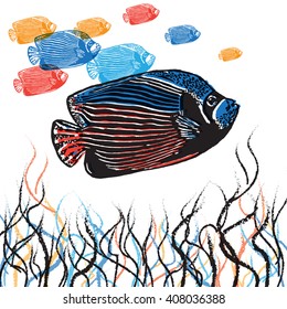 Vector Emperor angelfish in abstract composition. Linocut fishes in different colors on the white background
