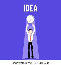 Vector employee creativity concept with happy business man holding big light bulb above head. Male office characters and symbol of idea, eureca and working process