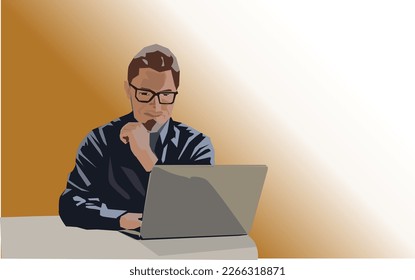 vector an employee man wearing glasses is holding his chin while smiling and focusing on staring at the laptop screen on his desk