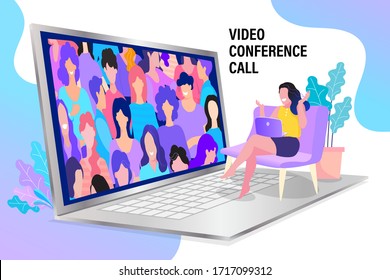 vector employee talk on video call on laptop with diverse colleagues. video conferencing at home woman having video call meeting with clients at home.