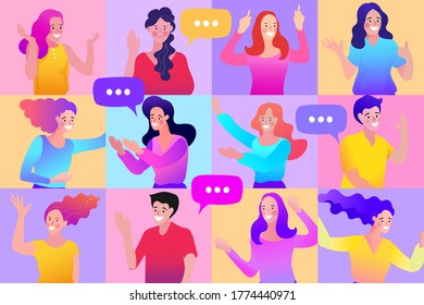 charla de empleados vectoriales en videollamadas. videoconferencia en casa de una mujer que tiene videollamadas con clientes en casa. concepto de red social.