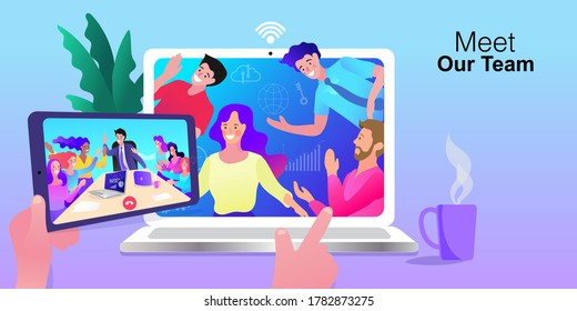 vector employee talk on video call on laptop with diverse colleagues. video conferencing at home man and woman having video call meeting with clients at home.