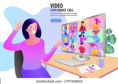 vector employee talk on video call on laptop with diverse colleagues. video conferencing at home woman having video call meeting with clients at home.