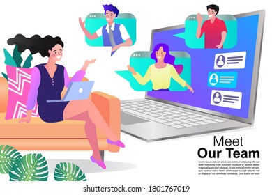 charla de empleados vectoriales en videollamadas en laptop con colegas diversos. videoconferencia en casa de una mujer que tiene videollamadas con clientes en casa.