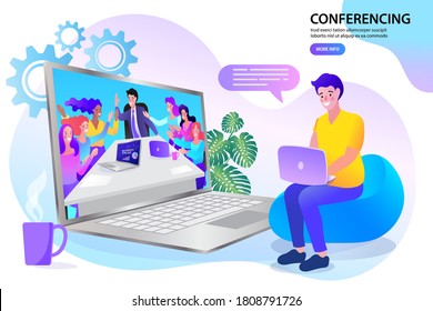 charla de empleados vectoriales en videollamadas en laptop con colegas diversos. videoconferencia en casa de un hombre que tiene videollamadas con clientes en casa.