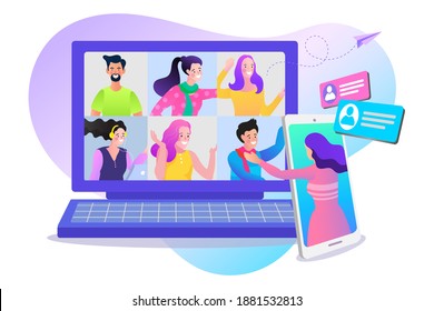 charla de empleados vectoriales en videollamadas en laptop con colegas diversos. videoconferencia en casa de una mujer que tiene videollamadas con clientes en casa.