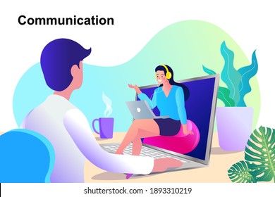 vector employee talk on video call on laptop with diverse colleagues. video conferencing at home man having video call meeting with clients at home.