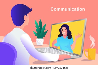 vector employee talk on video call on laptop with diverse colleagues. video conferencing at home man having video call meeting with clients at home.