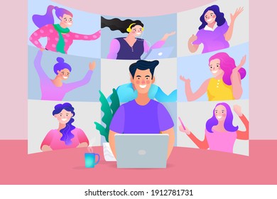 vector employee talk on video call on laptop with diverse colleagues. video conferencing at home man and woman having video call meeting with clients at home.