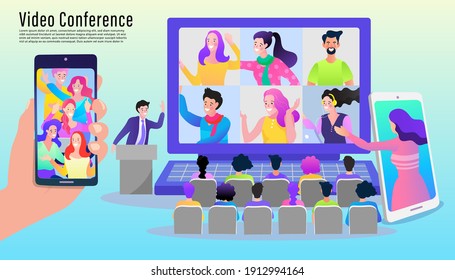 Vector employee talk on video call meeting on laptop. video conferencing at home.