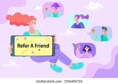 vector employee talk on video call on smartphone with diverse colleagues. video conferencing at home woman having video call meeting with clients at home. Refer a friend concept banner.