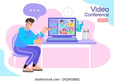 charla de empleados vectoriales en videollamadas en computadora con colegas diversos. videoconferencia en casa de un hombre que tiene videollamadas con clientes en casa.