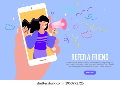 vector employee talk on video call on smartphone with diverse colleagues. video conferencing at home woman having video call meeting with clients at home. Refer a friend concept banner.