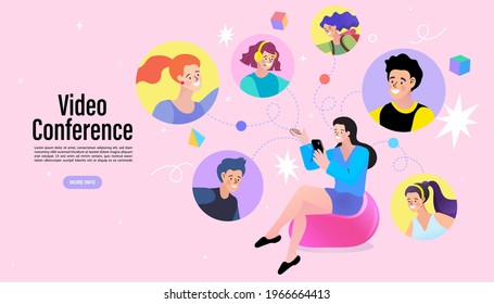 charla de empleados vectoriales en videollamadas en teléfonos móviles con colegas diversos. videoconferencia en casa de una mujer que tiene videollamadas con clientes en casa.