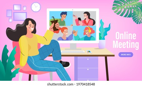 vector employee talk on video call on computer with diverse colleagues. Online work from home meeting. Vector Illustrations flat design concept video conference. EPS10.