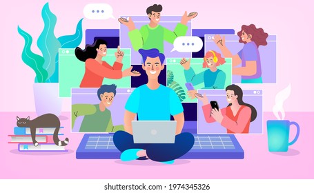 Vector employee talk on video call on laptop with diverse colleagues. video conferencing at home man having video call meeting with clients at home. group of people cheerful communicating online.
