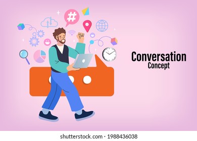 vector employee talk on video call on laptop. video conferencing at home. man with a laptop on pink background. Freelancer. Office work and remote work. Social Media Icon Envelope Bubble Speech.