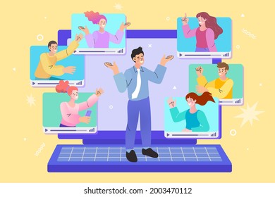 Vector employee talk on video call on laptop with diverse colleagues. video conferencing at home man having video call meeting with clients at home. group of people cheerful communicating online.