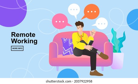 vector employee talk on video call on mobile with diverse colleagues. video conferencing at home man having video call meeting with clients at home.