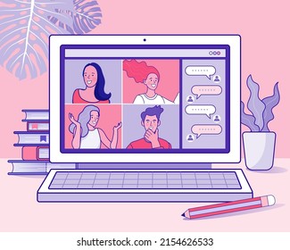 Vector employee talk on video call on laptop with diverse colleagues. video conferencing at home man having video call meeting with clients at home. group of people cheerful communicating online.