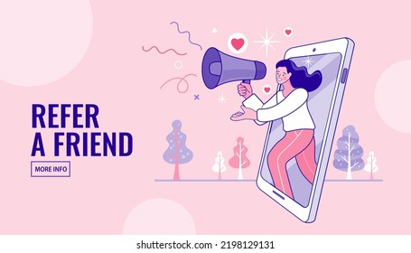 vector employee talk on video call on smartphone with diverse colleagues. video conferencing at home woman having video call meeting with clients at home. Refer a friend concept banner.