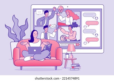 Vector employee talk on video call on laptop with diverse colleagues. video conferencing at home man having video call meeting with clients at home. group of people cheerful communicating online.