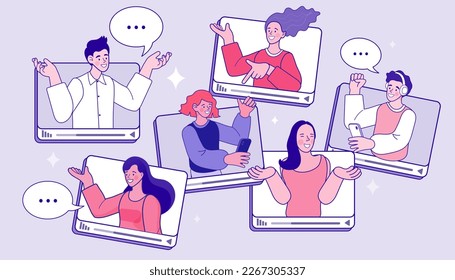 Vector employee talk on video call on laptop with diverse colleagues. video conferencing at home man having video call meeting with clients at home. group of people cheerful communicating online.