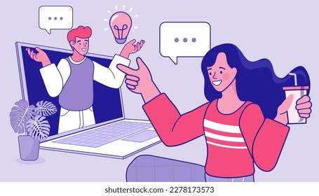 charla de empleados vectoriales en videollamadas en laptop con colegas diversos. videoconferencia en casa de una mujer que tiene videollamadas con clientes en casa. gente alegre comunicándose en línea.