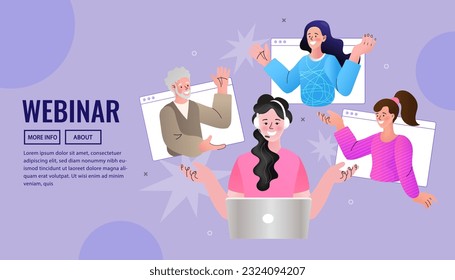 charla de empleados vectoriales en videollamadas en laptop con colegas diversos. videoconferencia en casa de una mujer que tiene videollamadas con clientes en casa. grupo de personas alegres comunicándose en línea.