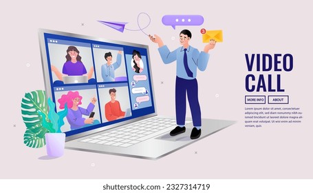 Empleado vector habla en videollamadas en laptop con colegas diversos. videoconferencia en casa de un hombre que tiene videollamadas con clientes en casa. grupo de personas alegres comunicándose en línea.