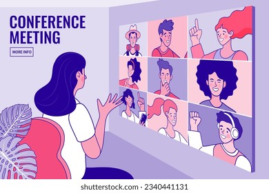 Vector employee talk on video call on laptop with diverse colleagues. video conferencing at home man having video call meeting with clients at home. group of people cheerful communicating online.