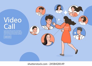 Vector employee talk on video call on laptop with diverse colleagues. video conferencing at home man having video call meeting with clients at home. group of people cheerful communicating online.