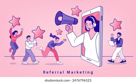 vector employee talk on video call on smartphone with diverse colleagues. video conferencing at home woman having video call meeting with clients at home. Refer a friend concept banner.