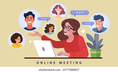 vector employee talk on video call on laptop with diverse colleagues. video conferencing at home woman having video call meeting with clients at home.