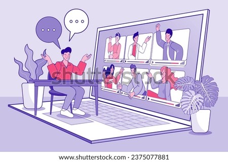 Vector employee talk on video call on laptop with diverse colleagues. video conferencing at home man having video call meeting with clients at home. group of people cheerful communicating online.