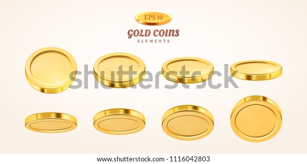 Vector empty 3d gold coins set isolated on\
background in different positions. Rain of golden coins. Falling or\
flying money. Bingo jackpot or casino poker or win element. Cash\
treasure concept.