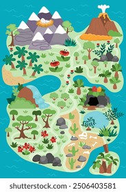 Vector empty ancient continent map. Dinosaur landscape illustration. Cute prehistoric scenery with mountains, forest, volcano. Funny detailed island scene with paths. Dino land picture for kids