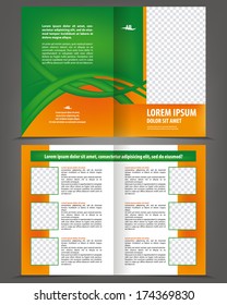 Vector empty bifold brochure print template design with orange and green elements